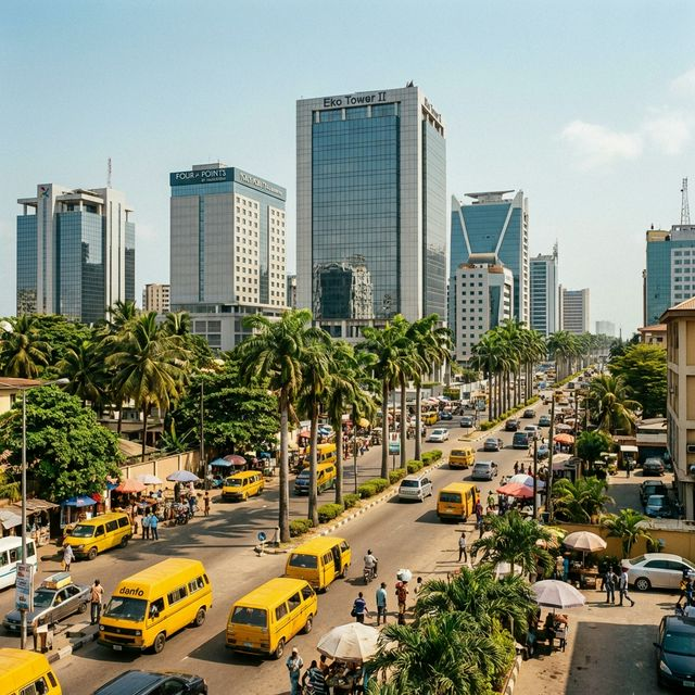 Modern Lagos architecture featuring Eko Atlantic and iconic yellow Danfo buses